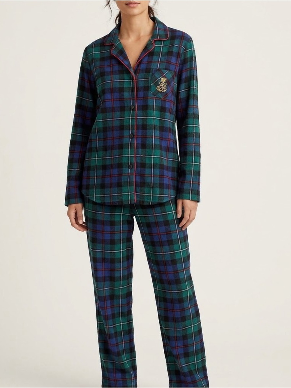 Ralph Lauren Plaid Pajama Set Women's Size Medium Green Blue Fall Christmas